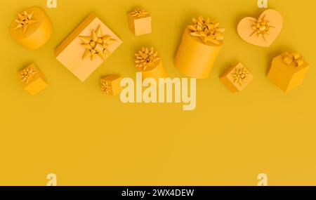 Gift boxes with ribbon and bow flying and falling on monochrome background. 3d render concept of greeting design Birthday, Merry Christmas, Black frid Stock Photo