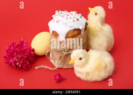 Beautiful composition of Easter cake, painted egg, hyacinth and chicks on red background, closeup Stock Photo