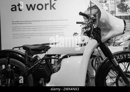 Sparkford.Somerset.United Kingdom.January 7th 2024.A BSA M21 AA motorcycle combination from 1960 is on show at the Haynes Motor Museum in Somerset Stock Photo
