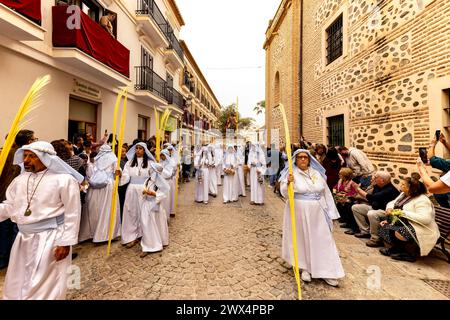 Almuneca, Spain.  Easter week in Almuneca, Spain commences with the first major event is Palm Sunday (Domingo de Ramos), the holiday held exactly one week before Easter Sunday, commemorating Jesus' famed entry into Jerusalem on a donkey. The brotherhoods organise the processions that parade through the streets and squares every day carrying beautiful 'pasos' and 'tronos' adorned with flowers and religious images that are carried on the shoulders of the participants.Here they are exiting the Church of the Encarnación in Almuñécar at the beginning of the parade. 24th March 2024 David Smith/Alamy Stock Photo