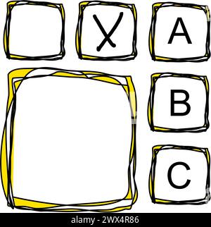 Vector symbol sheet: Square boxes (bullets) with yellow and black borders, each with the letters A, B or C. Also in the same style, 2 checkboxes Stock Vector