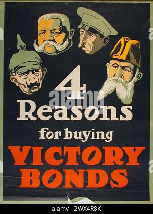 Vintage Canadian WWI war Victory bonds, showing cartoonish image of enemy leaders to convince people to buy bonds.  circa 1915 Stock Photo