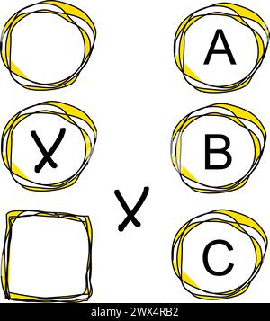 Vector symbol sheet: Round boxes (bullets) bordered in yellow and black, each with the letters A, B or C. Also in the same style, 2 checkboxes Stock Vector