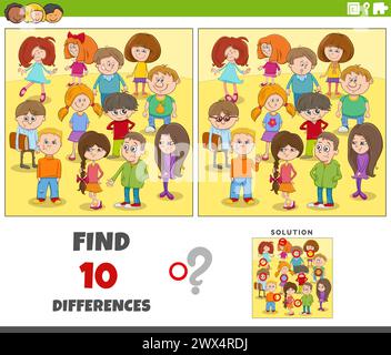 Cartoon illustration of finding the differences between pictures educational activity with children group Stock Vector