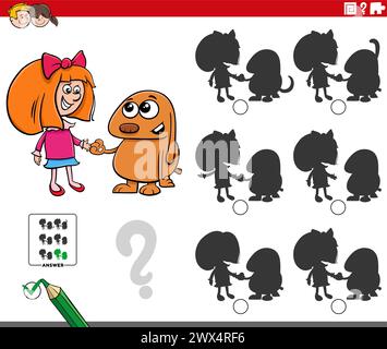 Cartoon illustration of finding the right picture to the shadow educational activity with girl and her dog Stock Vector