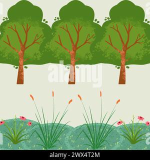 A painting of a park/forest in colour, a minimal drawing of plants and trees in spring Stock Vector