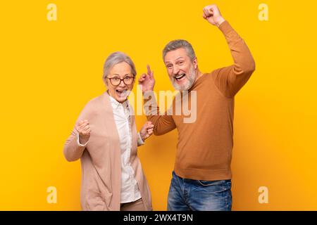 Happy senior couple celebrating success shaking fists over yellow background Stock Photo