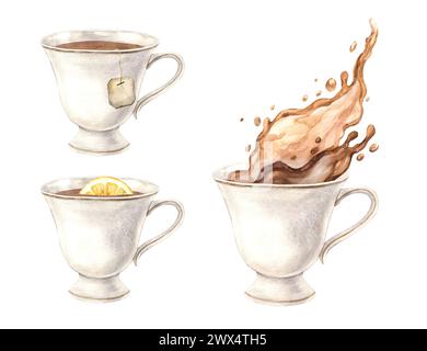 Watercolor set of mugs with different fillings, tea with splashes, tea with a slice of lemon. Illustration is hand drawn, suitable for menu design, pa Stock Photo