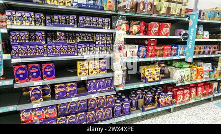 Supermarket Shelfs with Various Easter Chocolate Eggs in Scotland, UK Stock Photo
