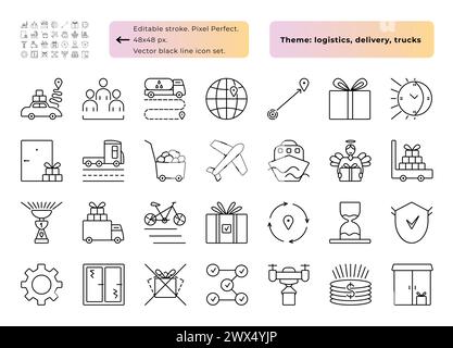 Delivery, logistics and trucks theme. Vector black line icon set, 28 monochrome signs - 48x48 px (editable stroke, pixel perfect) and 300x300 px symbo Stock Vector
