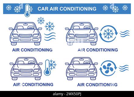 Car air conditioning, automobile climate control system, auto transport cooling conditioner line icon set. Cold temperature regulation in hot weather Stock Vector