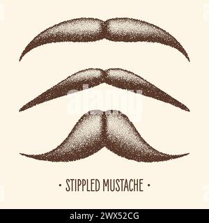 Brown stippled vintage mustache. Curly facial hair. Hipster beard. Stippling, dot drawing and shading, stipple pattern, halftone effect. Vector Stock Vector