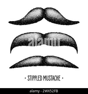 Stippled vintage mustache. Curly facial hair. Hipster beard. Stippling, dot drawing and shading, stipple pattern, halftone effect. Vector illustration Stock Vector