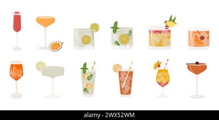 Set of popular classic cocktails. Different alcoholic drinks in various glasses. Summer aperitif garnished with lime twist, orange slice and cherry Stock Vector