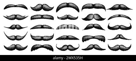 Stippled vintage mustache. Curly facial hair. Hipster beard. Stippling, dot drawing and shading, stipple pattern, halftone effect. Vector illustration Stock Vector