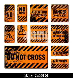 Orange grunge warning signs with diagonal lines. Old attention, danger or caution sign, construction site signage. Realistic notice signboard, warning Stock Vector