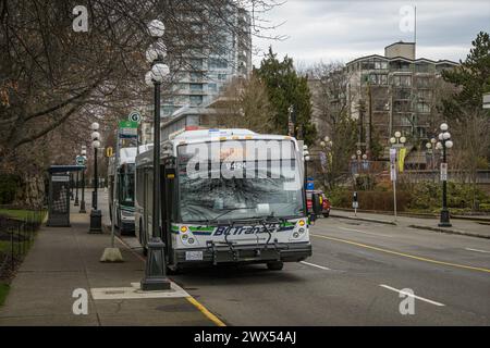 Photo of a public bus in downtown Victoria that says 'Sorry' on the front because it is not currently running. Stock Photo