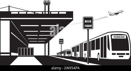 Buses from airport terminal to parking lot - vector illustration Stock Vector