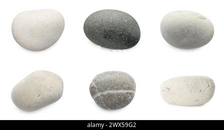 Sea pebbles. Different stones isolated on white, set Stock Photo