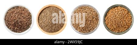 Aromatic caraway (Persian cumin) seeds in bowls isolated on white, top view Stock Photo