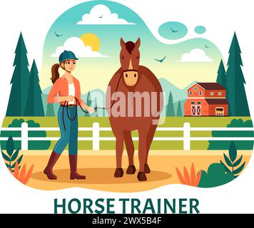 Equestrian Sport Horse Trainer Vector Illustration with Training, Riding Lessons and Running Horses in Flat Cartoon Background Design Stock Vector