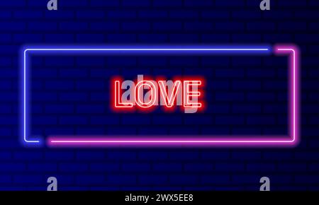 Neon sign love in speech bubble frame on brick wall background vector. Light banner on the wall background. Love button happy valentines day, design Stock Vector
