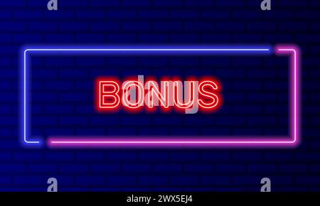 Neon sign bonus in speech bubble frame on brick wall background vector. Light banner on the wall background. Bonus button discount promotion, design Stock Vector