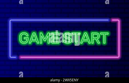 Neon sign game start in speech bubble frame on brick wall background vector. Light banner on the wall background. Game start button navigation, design Stock Vector