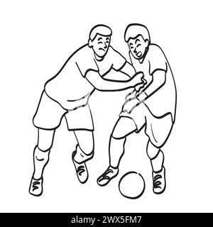 two soccer players playing football together illustration vector hand drawn isolated on white background Stock Vector