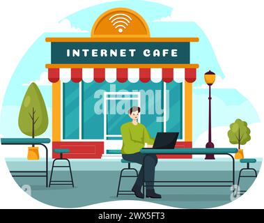 Internet Cafe Vector Illustration with Building for Young People Playing Games, Workplace use a Laptop, Talking and Drinking in Flat Background Stock Vector