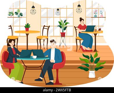 Internet Cafe Vector Illustration with Building for Young People Playing Games, Workplace use a Laptop, Talking and Drinking in Flat Background Stock Vector