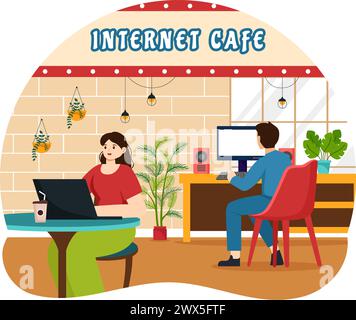 Internet Cafe Vector Illustration with Building for Young People Playing Games, Workplace use a Laptop, Talking and Drinking in Flat Background Stock Vector