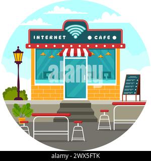 Internet Cafe Vector Illustration with Building for Young People Playing Games, Workplace use a Laptop, Talking and Drinking in Flat Background Stock Vector