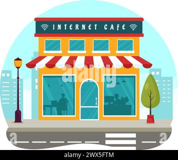 Internet Cafe Vector Illustration with Building for Young People Playing Games, Workplace use a Laptop, Talking and Drinking in Flat Background Stock Vector