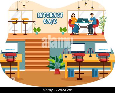 Internet Cafe Vector Illustration with Building for Young People Playing Games, Workplace use a Laptop, Talking and Drinking in Flat Background Stock Vector