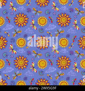vector seamless color dandelion floral pattern of spirals, swirls, doodles Stock Vector