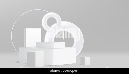 Cubic stair product podium with decorative circles in grey studio room interior with floor and wall. Realistic 3d minimal vector of white rectangular stage or platform mockup for goods display. Stock Vector