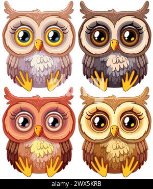 Four cute owls with different facial expressions. Stock Vector