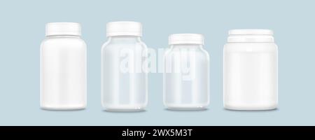 White plastic pill bottle mockup. Realistic 3d vector illustration set of vitamin or supplement jar template. Closed package container for medicine with cap. Pharmacy cylinder packaging canister. Stock Vector