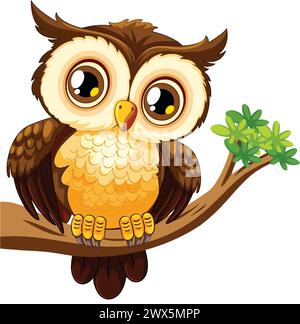 Adorable cartoon owl sitting on a tree limb Stock Vector