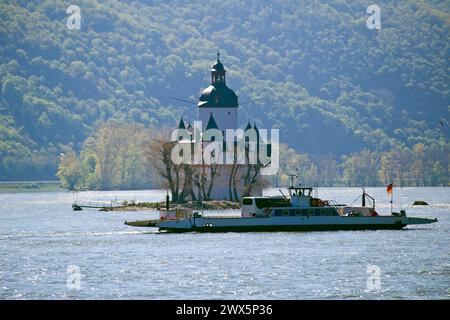 Pfalzgrafenstein Castle is a toll castle that sits on a small island in the Rhein River, Germany. Stock Photo