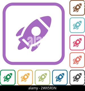 Launched rocket solid simple icons in color rounded square frames on white background Stock Vector