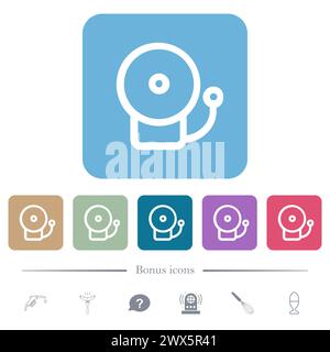 Fire alarm bell outline white flat icons on color rounded square backgrounds. 6 bonus icons included Stock Vector
