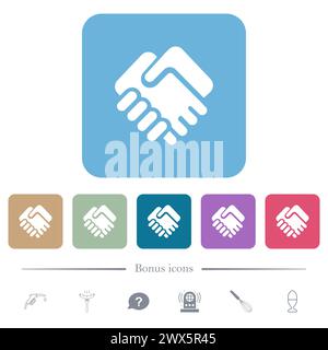 Handshake solid white flat icons on color rounded square backgrounds. 6 bonus icons included Stock Vector