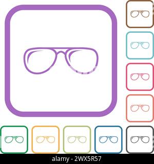 Glasses with glosses outline simple icons in color rounded square frames on white background Stock Vector