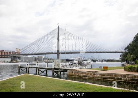 Sydney Harbour, Anzac bridge which opened in 1995 carries the western distributor between Pyrmont and Glebe in Sydney inner west and across Johnstons Stock Photo