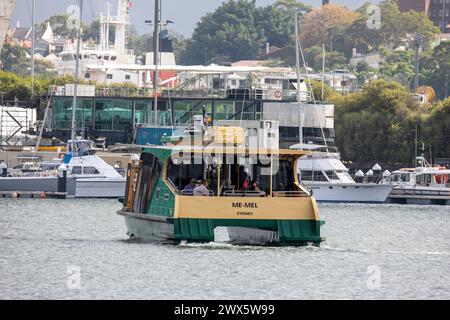 Sydney ferry,Me-Mel minicat class ferry is an on demand ferry service on the F10 route around the bays precinct, named after Goat Island,Sydney Stock Photo