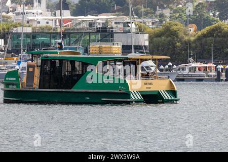 Sydney ferry,Me-Mel minicat class ferry is an on demand ferry service on the F10 route around the bays precinct, named after Goat Island,Sydney Stock Photo