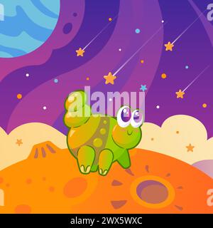 Cute green alien that looks like a caterpillar among planets and stars. Space landscape. Childrens cartoon illustration in vintage style. Space flight Stock Vector