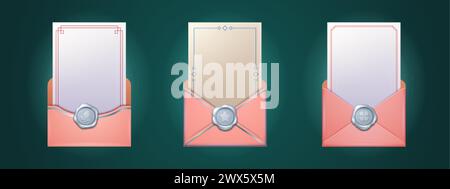 Set of open pink envelopes with blank letters inside isolated on background. Vector realistic illustration of paper sheets decorated with frames, blan Stock Vector